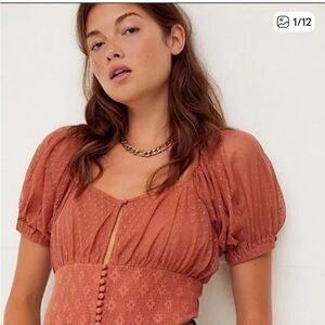 Free People Heartstrings Lace Mesh Rust/Orange Crop Top, Small NWOT